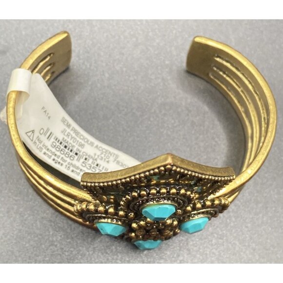 Signed Lucky Brand Bracelet Turquoise Elements Large Cuff Gold Tone NWT Western - Picture 9 of 12